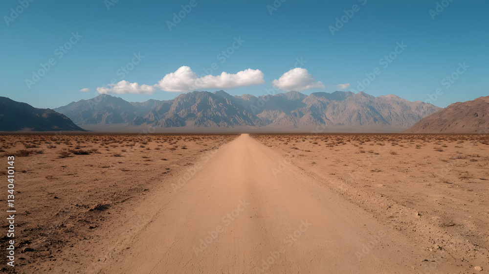 Desolate Desert Landscape With Distant Mountains and a Sandy Road Desolate Desert Landscape With Distant Mountains and a Sandy Road
