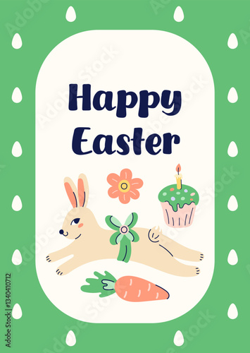 Happy Easter simple card with running hare. Design with text on green background. Happy Easter hand drawn card. Flat illustration with partial outline. Vector illustration.