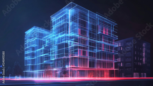 Glowing building wireframe with blue and red lights at night with another building in the background