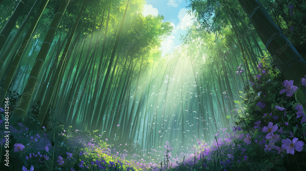 Obraz premium 光が差し込む幻想的な竹林と紫色の花々