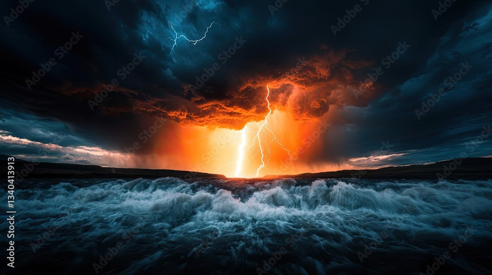 Naklejka premium River rapids landscapes dramatic concept. A dramatic lightning storm illuminating the ocean at sunset with vibrant colors.