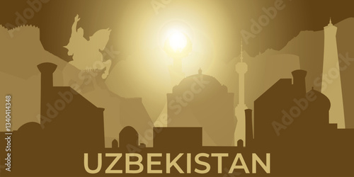 Silhouettes of Uzbekistan's landmarks in brown tones
