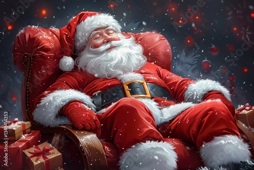Santa claus on a sleigh with reindeer delivering gifts through a winter wonderland on christmas eve