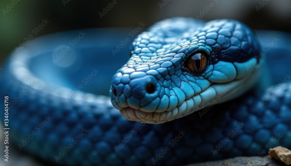 Obraz premium Headshot of blue viper snake with sharp teeth and piercing stare, reptile, animal, blue