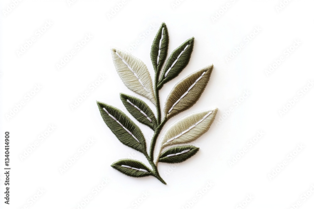 Fototapeta premium Embroidered leaf sprig on white background