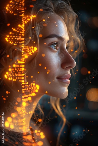 Abstract portrait of a woman surrounded by dna chains in medical science and biotechnology