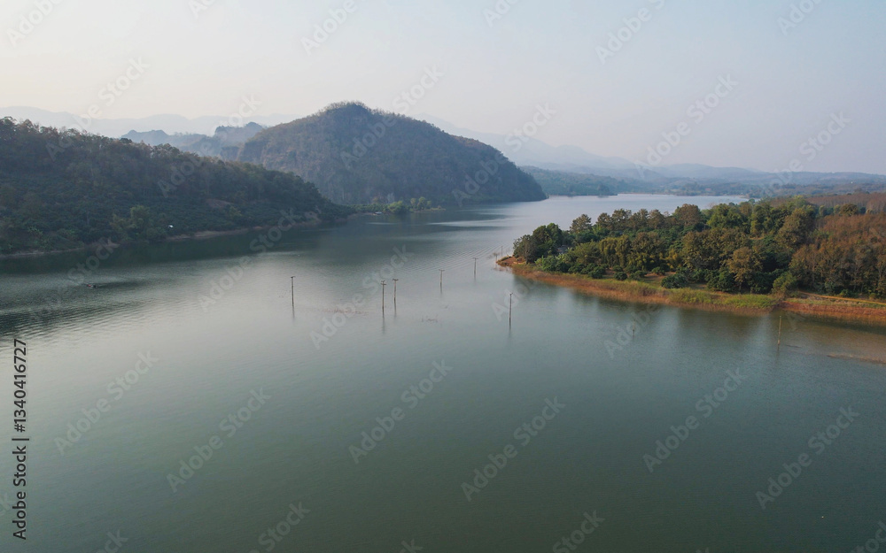 Aerial view of a beautiful river and mountain in northern Thailand Aerial view of a beautiful river and mountain in northern Thailand