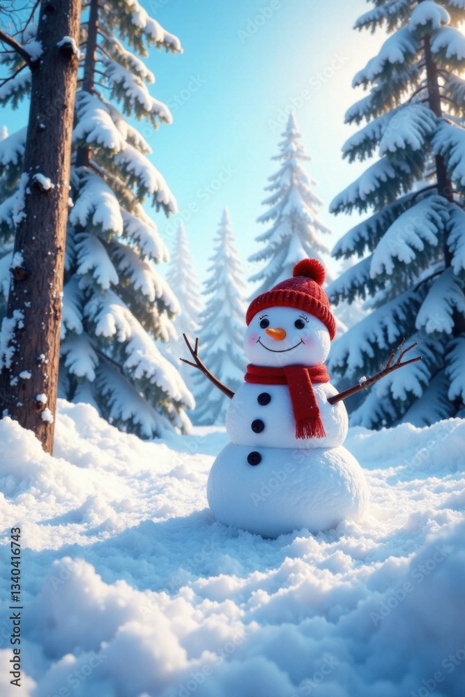 Obraz premium Happy snowman in the middle of a snowy forest with tall trees and a clear blue sky above , icicles, snowy forest, outdoors