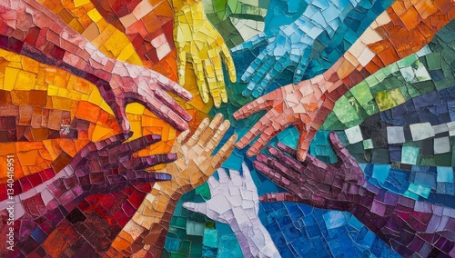 Colorful mosaic hands reaching, unity in diversity, abstract background