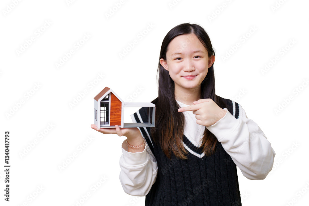 Asian pretty - good looking girl holding a house model portrait on isolated white background. Asian pretty - good looking girl holding a house model portrait on isolated white background.