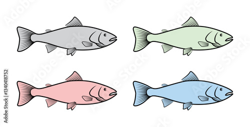 Fish icon on light background. Seafood symbol. salmon, swimming in water, aquarium. Outline, flat and colored style. Flat design.
