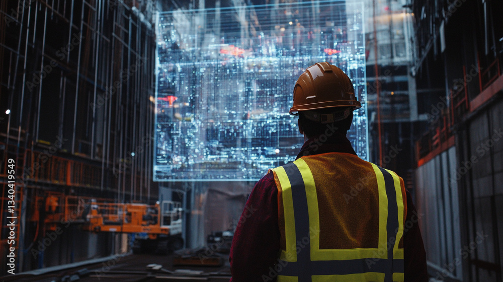 Engineer in hard hat views complex data display at construction site with machinery present
