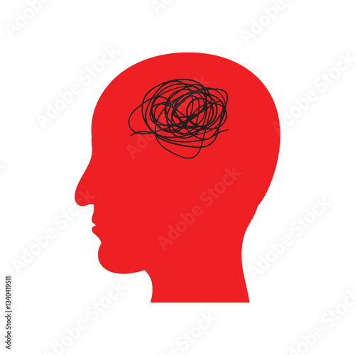 Human head silhouette with brain. Human head silhouette with messy lines show concept of mental disorder, ADHD, attention disorder, anxiety stress in brain, overload in mind, mental health, or confuse