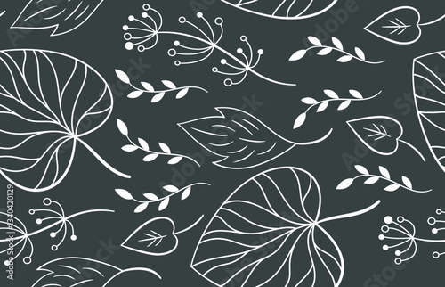 Elegance Seamless pattern, monochrome illustration  branches and leaves