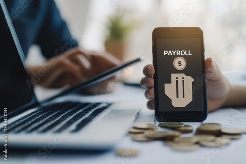 A businessman, using a laptop and smartphone, uses a digital icon of a growin...