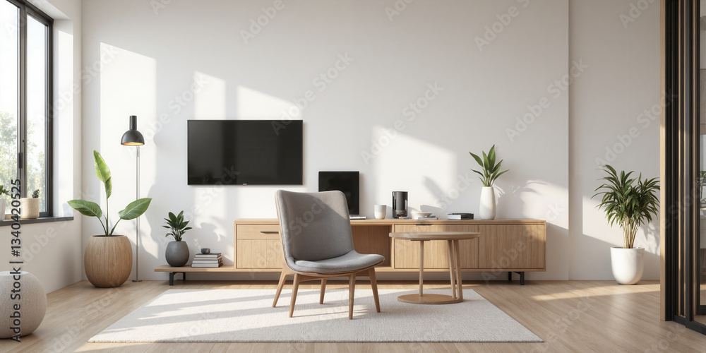 Fototapeta premium Minimalist Zen Office A tranquil, modern workspace with a wall-mounted TV as a central element above a minimalist TV console