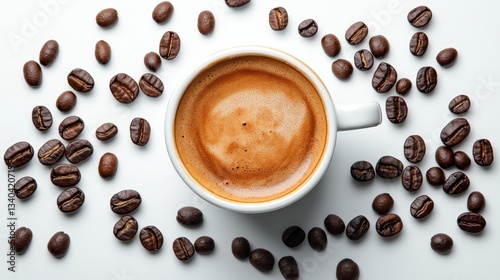 Close-up of Black Coffee with Cream in a White Cup on a Soft Beige Background