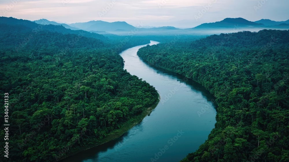 River rapids landscapes dramatic concept. Aerial view of a serene river winding through lush green rainforest mountains. River rapids landscapes dramatic concept. Aerial view of a serene river winding through lush green rainforest mountains.