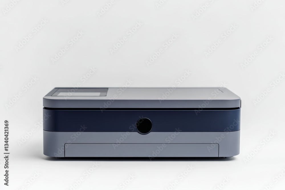 Gray and navy printer, studio shot, simple backdrop Gray and navy printer, studio shot, simple backdrop