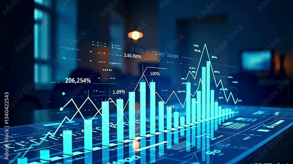 Holographic charts financial statistics on table in night office interior