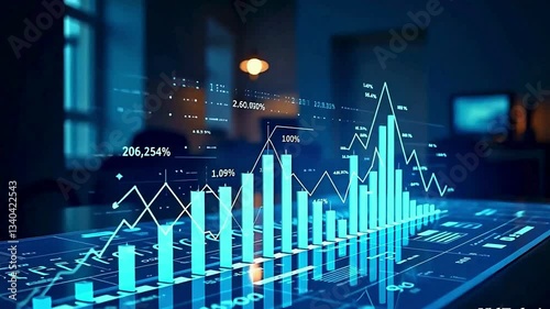 Holographic charts financial statistics on table in night office interior