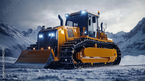 A yellow bulldozer with bright lights on a snowy landscape with mountains in the background under cloudy skies