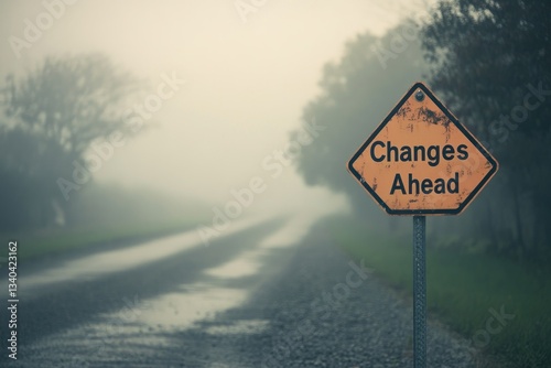 A "Changes Ahead" road sign with fog rolling in, symbolizing the unpredictability and ambiguity of change.
