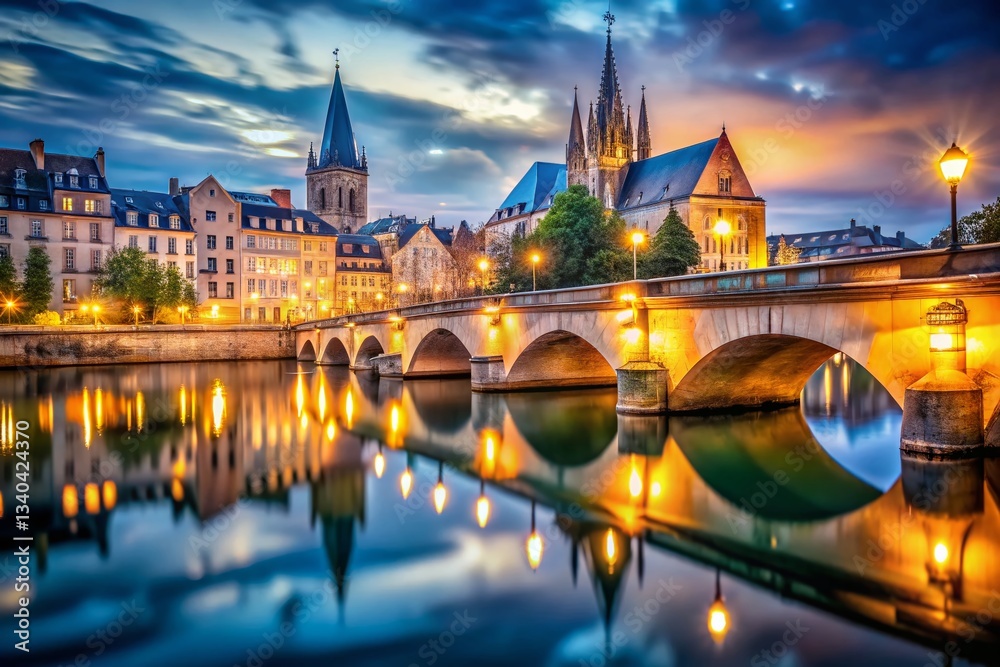 Obraz premium Metz's Die Moyen Pont Bridge at Night with Bokeh Lights