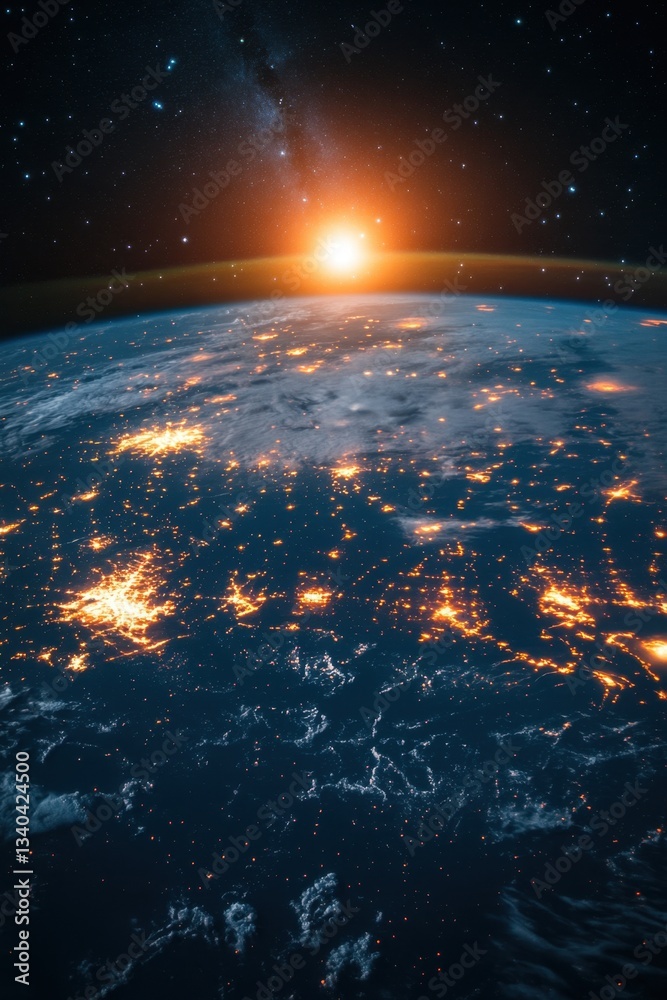 custom made wallpaper toronto digitalEarth from space with city lights and sunrise illuminating the horizon against a starry sky backdrop creating a breathtaking celestial view