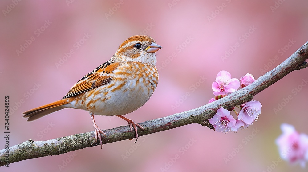 Small orange bird perched on a flowering branch. Small orange bird perched on a flowering branch.