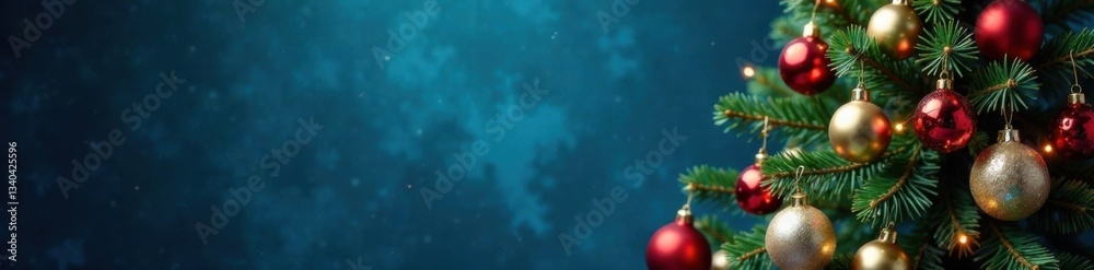 Fototapeta premium Modern Christmas tree with ornaments and lights on blue background, winter, lights