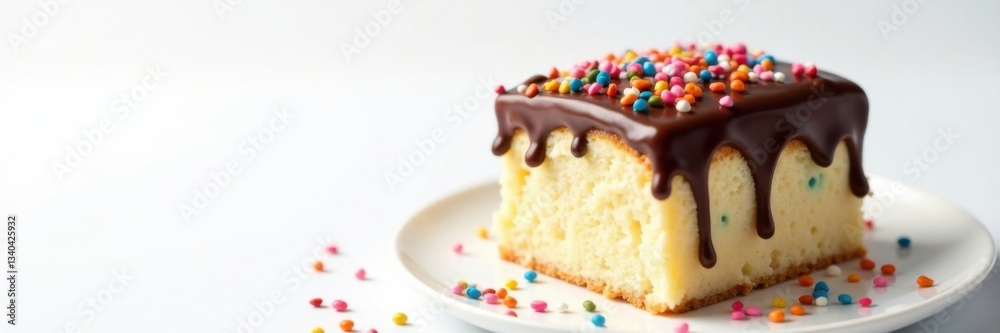 Fototapeta premium Moist vanilla cake topped with rich chocolate ganache and colorful sprinkles on a white background , table, birthday