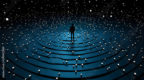 A thoughtful person standing in a maze contemplating the fermi paradox and the complexities of existence and the search for alien intelligence.