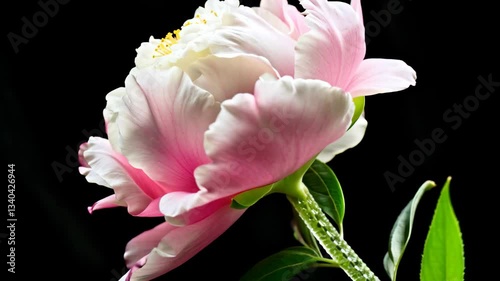 A stunning pink peony blooms with soft petals, framed by leaves against a dark backdrop, highlighting its beauty