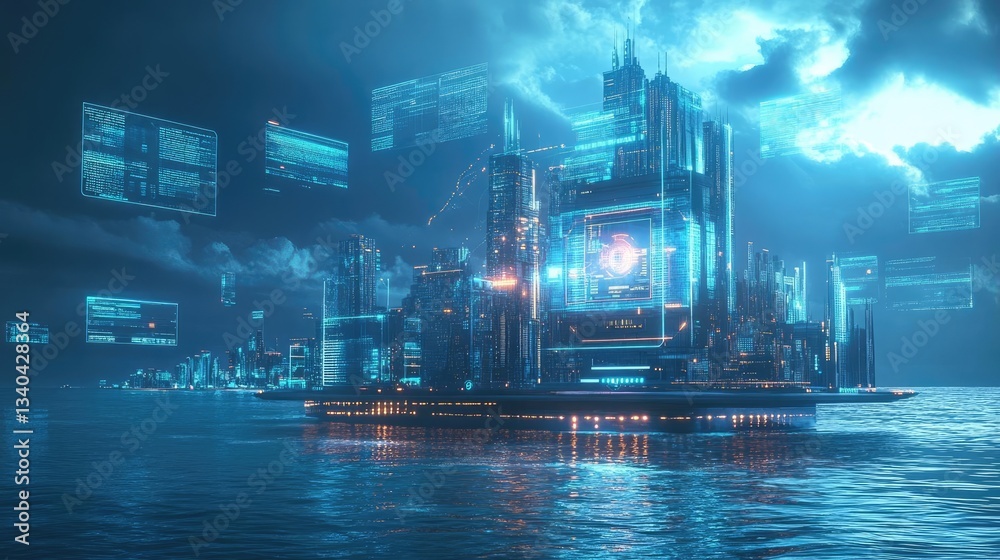 Obraz premium Futuristic Cityscape Glowing Neon Lights and Digital Displays Reflecting in Dark Watery Surface at Night. Dark Blue Water Surface, Illuminated Buildings and Structures, Glowing and Bright Screens and