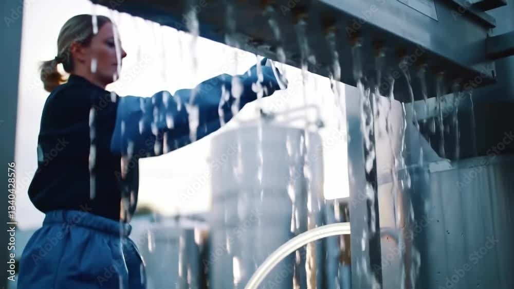 Scientist wearing protective gear operates a water purification system, ensuring clean and renewable water resource in sterile laboratory exterior setting