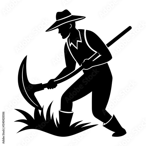 A farmer sharpening his sickle silhouette vector illustration
