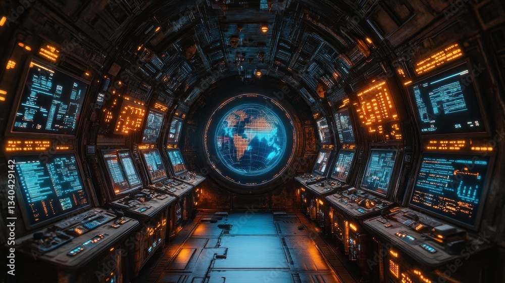 Obraz premium Futuristic spaceship interior with Earth view. Detailed control panels and monitors line the corridor