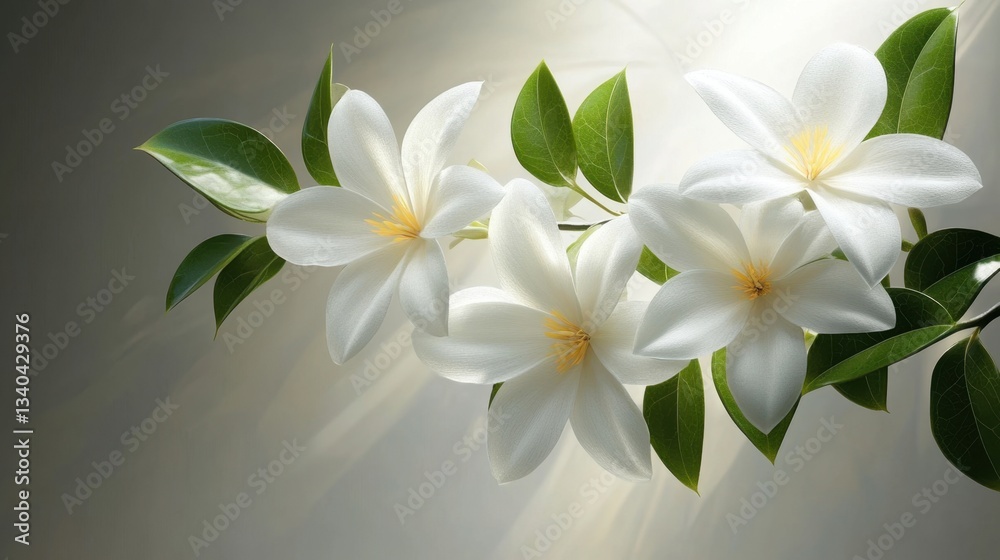 Serene white gardenia blooms with glossy green leaves creating a calming floral arrangement on a soft background capturing delicate beauty Serene white gardenia blooms with glossy green leaves creating a calming floral arrangement on a soft background capturing delicate beauty