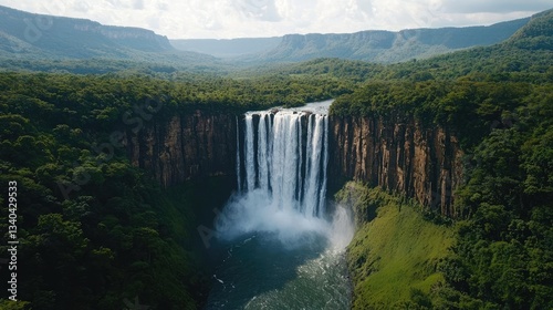 Waterfall landscape idea. Breathtaking waterfall cascading over cliffs surrounded by lush greenery and mountains.