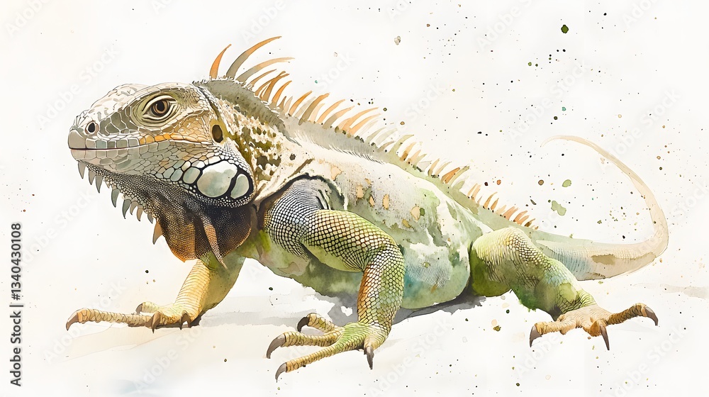 Obraz premium Watercolor illustration of a green iguana walking towards the left