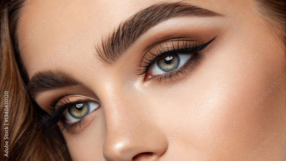 Fototapeta premium Close-up macro of beautiful female eye with perfect shape eyebrows. Clean skin, fashion naturel make-up. Good vision