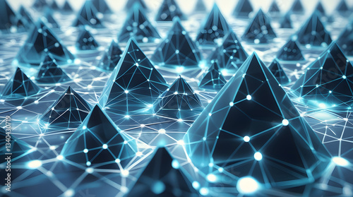 abstract visualization of triangular shapes distributed dynamically across a 3D space, forming an interconnected network structure. 