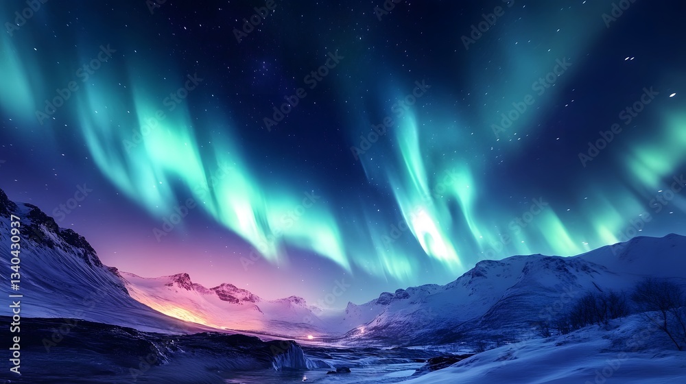 Naklejka premium ethereal dance of Aurora Borealis a mesmerizing spectacle born from harmonious interplay of celestial forces where solar wind's embrace of Earth's magnetosphere intertwines with alchemy of atmospheric
