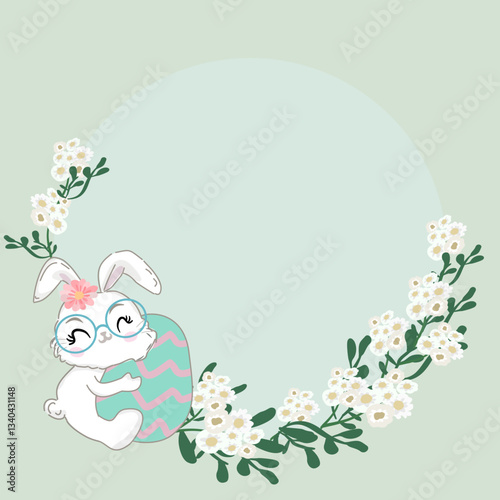 Easter wreath, for making greeting cards or  website covers, decorated with cute rabbits and flowers.