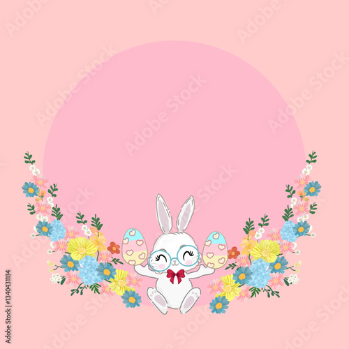 Easter wreath, for making greeting cards or  website covers, decorated with cute rabbits and flowers.