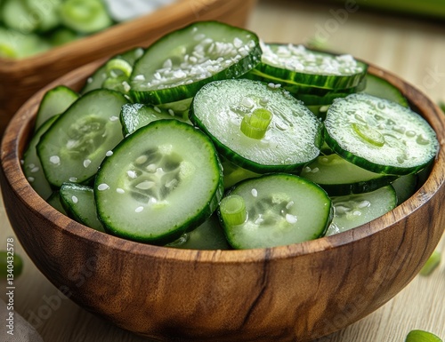Fresh cucumber slices, seasoned with sea salt and sesame seeds