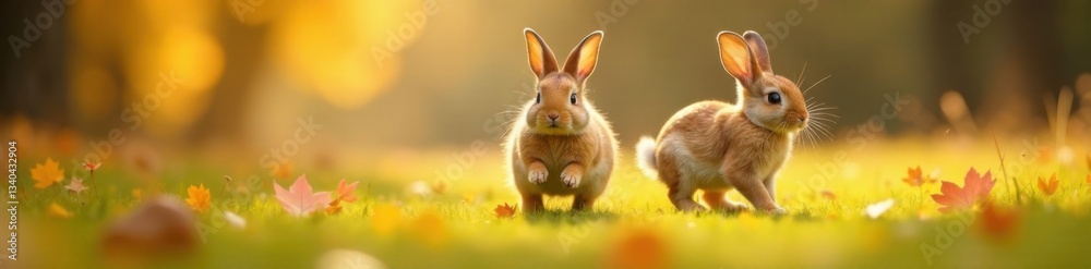Fototapeta premium Rabbits jumping through the crunchy autumn grass, seasonal, fun