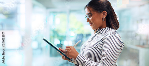 Business, tablet and woman with stylus, connection and digital app for email. Person, magazine editor and employee in workplace, tech and website info with online reading, journalist and news report