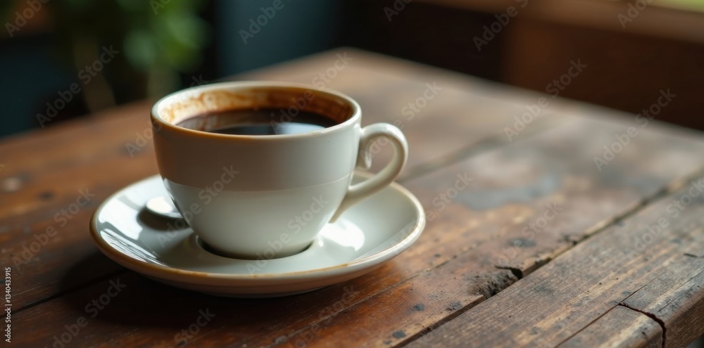 Obraz premium Rich espresso coffee cup on worn wooden table, cup, wood, warm